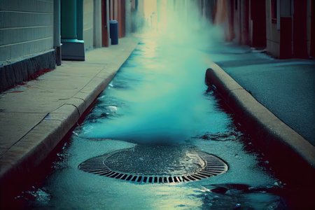 sewer water flowing onto sidewalk, with the smell of sewage in the air, created with generative aiの素材