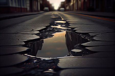 grayish-black sewer water seeping through the cracks in the street, created with generative aiの素材