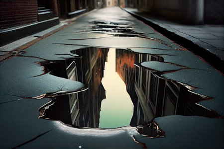 sewer water is seeping through the cracks of the floor and splashing onto pedestrians, created with generative aiの素材