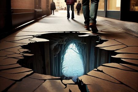 sewer water is seeping through the cracks of the floor and splashing onto pedestrians, created with generative aiの素材