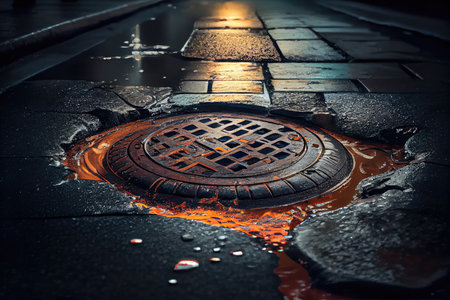 sewer water bursting through manhole cover, forming puddle on the street, created with generative aiの素材