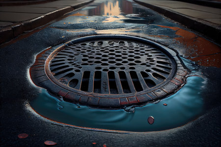 sewer water bursting through manhole cover, forming puddle on the street, created with generative aiの素材
