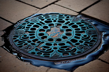 close-up of manhole cover with sewer water spilling out onto the sidewalk, created with generative aiの素材