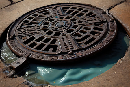 close-up of manhole cover with sewer water spilling out onto the sidewalk, created with generative aiの素材
