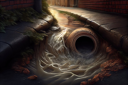 sewer water rushing onto the street, forming small stream, created with generative aiの素材