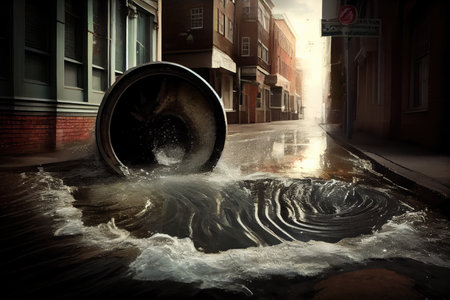 sewer water bursting through the pavement and flooding the street, created with generative aiの素材