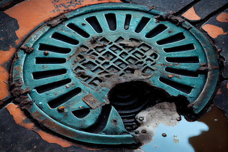 close-up of broken manhole cover with sewer water spilling onto the street, created with generative aiの素材