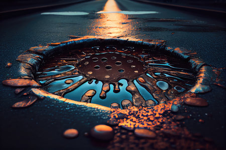 close-up of broken manhole cover with sewer water spilling onto the street, created with generative aiの素材