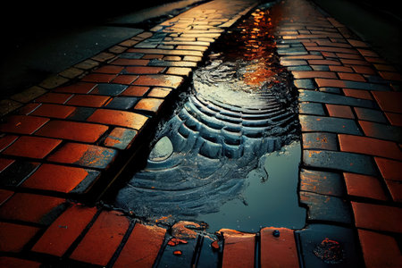 sewer water overflowing onto the pavement, creating dangerous slippery surface, created with generative aiの素材