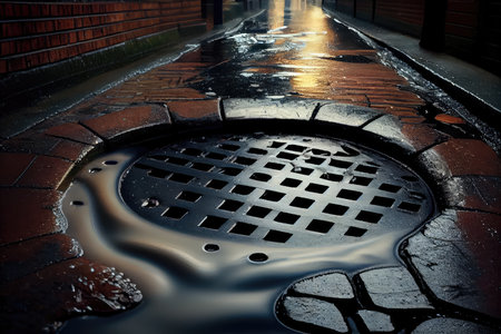 sewer water overflowing onto the pavement, creating dangerous slippery surface, created with generative aiの素材