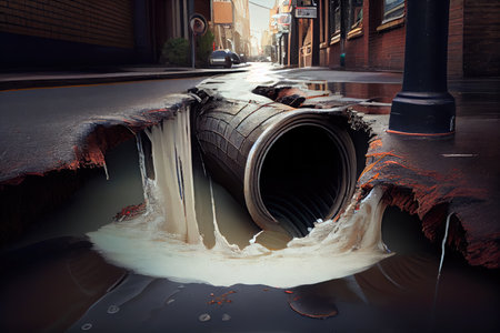 sewer water overflowing from broken pipe, flooding street and sidewalk, created with generative aiの素材