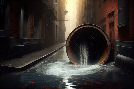 sewer overflowing into the street during heavy rainstorm, created with generative aiの素材