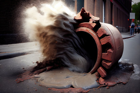 sewer pipe bursting, with water and debris gushing onto the sidewalk, created with generative aiの素材