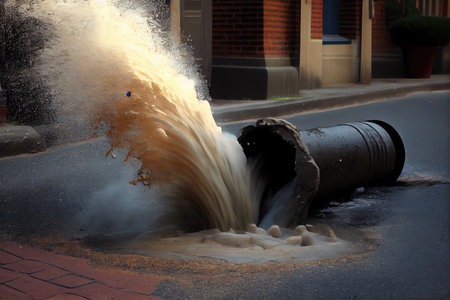sewer pipe bursting, with water and debris gushing onto the sidewalk, created with generative aiの素材
