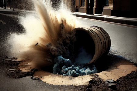 sewer pipe bursting, with water and debris gushing onto the sidewalk, created with generative aiの素材