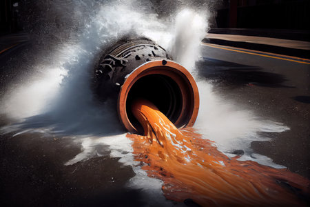 sewer water gushing out of broken pipe, flooding street and storm drains, created with generative aiの素材