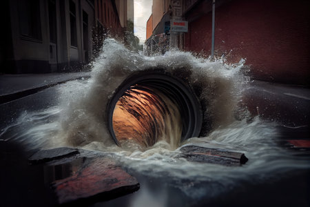 sewer outburst, overflowing into the street, with water and debris rushing out, created with generative aiの素材