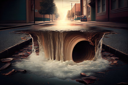 sidewalk with sewer water gushing from broken pipe, flooding the street, created with generative aiの素材