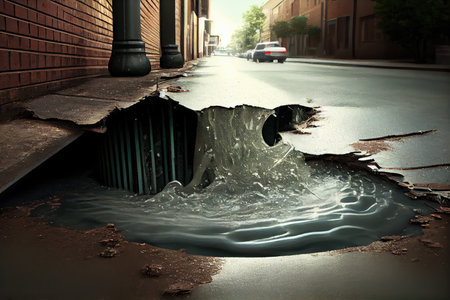 sidewalk with sewer water gushing from broken pipe, flooding the street, created with generative aiの素材