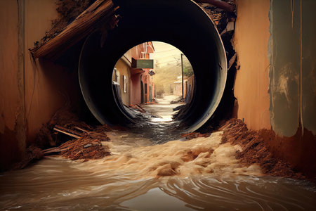 scene of floodwaters rushing through broken sewer line, with debris floating past, created with generative aiの素材