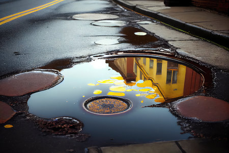 sewage spill on the pavement, with puddle growing in size, created with generative aiの素材