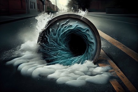 sewer pipe bursts, spilling sewage onto street and into storm drain, created with generative aiの素材