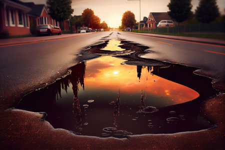 sewer water flows down the street, forming puddle on asphalt, created with generative aiの素材