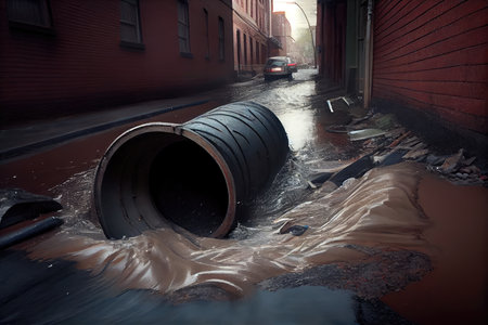 sewer pipe bursts, flooding the streets with sewage and debris, created with generative aiの素材