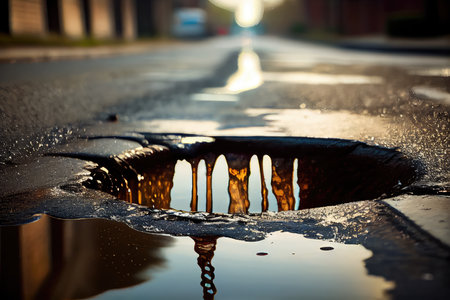 close-up of sewer water flowing out onto the street, created with generative aiの素材