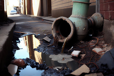 sewer water flowing from the broken pipe, with debris and trash washing up on the sidewalk, created with generative aiの素材