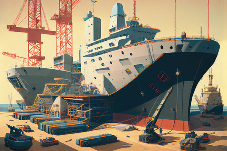 shipyard with a variety of vessels under construction, including cargo ships, tankers, and luxury yachts, created with generative aiの素材