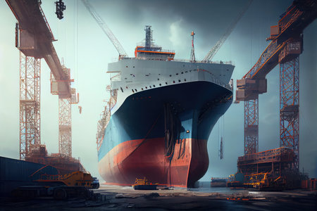 massive ship being lifted out of dry dock using cranes, created with generative aiの素材