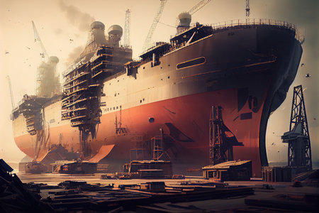 shipyard full of massive, modern ships under construction, created with generative aiの素材