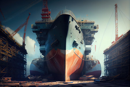 shipyard full of massive, modern ships under construction, created with generative aiの素材