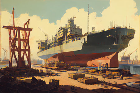 shipyard, with view of massive ship under construction, surrounded by cranes and other equipment, created with generative aiの素材