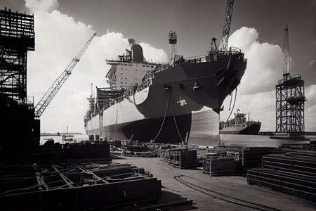 shipyard, with view of massive ship under construction, surrounded by cranes and other equipment, created with generative aiの素材