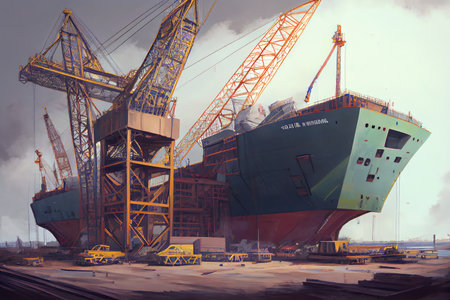 shipyard, with massive crane lifting newly built ship from the water, created with generative aiの素材