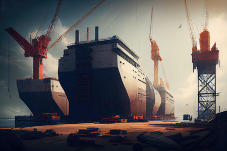 modern shipyard with complex of cranes and massive vessels being built for the future, created with generative aiの素材