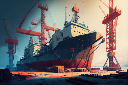 modern shipyard with complex of cranes and massive vessels being built for the future, created with generative aiの素材