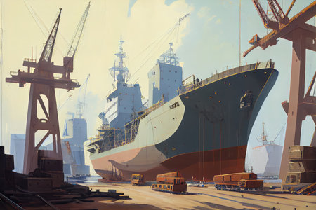 shipyard, with ships under construction and cranes in the background, created with generative aiの素材