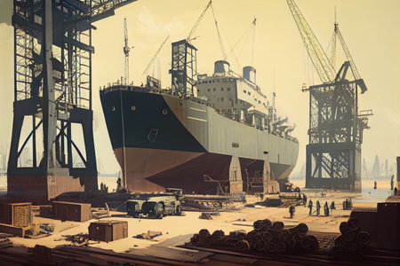 shipyard, with ships under construction and cranes in the background, created with generative aiの素材