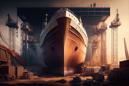 shipyard, with a view of the towering hull of a modern cargo ship, being built from scratch, created with generative aiの素材