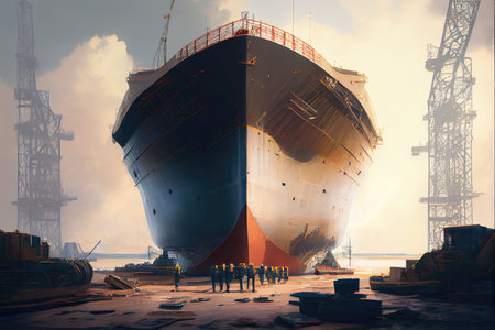 shipyard, with a view of the towering hull of a modern cargo ship, being built from scratch, created with generative aiの素材