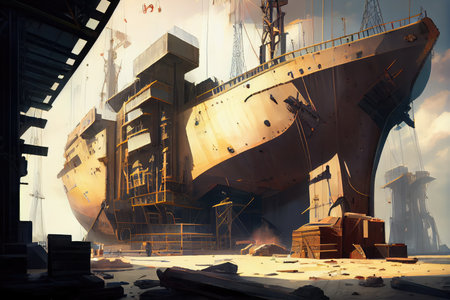 shipyard, with ship being built from the ground up using modern tools and techniques, created with generative aiの素材
