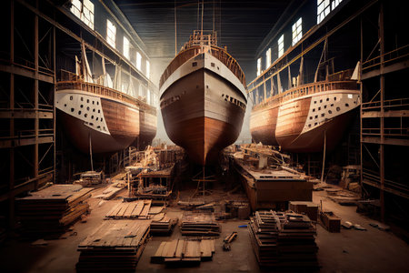 shipyard with rows of finished vessels in various stages of construction, created with generative aiの素材