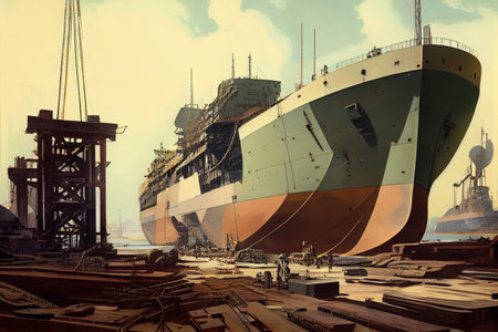shipyard with a variety of ships in different stages of construction, from the hull to completion, created with generative aiの素材