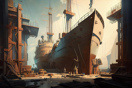 shipyard, with ships in various stages of construction and repair, created with generative aiの素材