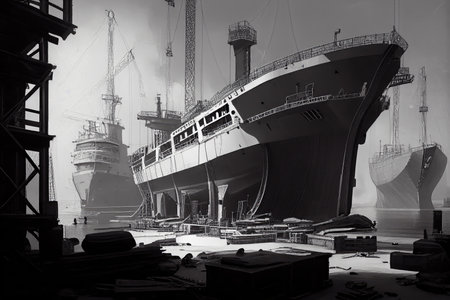 shipyard, with a variety of vessels under construction and in various stages of completion, created with generative aiの素材