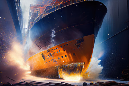shipyard, with close-up of welding sparks on hull of new vessel, created with generative aiの素材