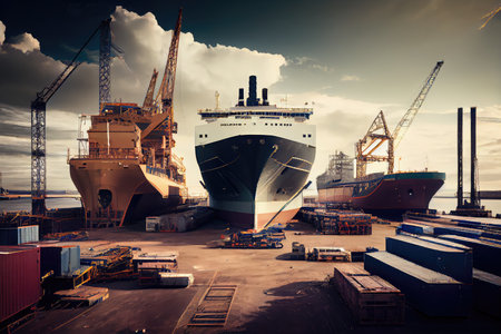 shipbuilding facility, with cranes and ships in various stages of construction, created with generative aiの素材
